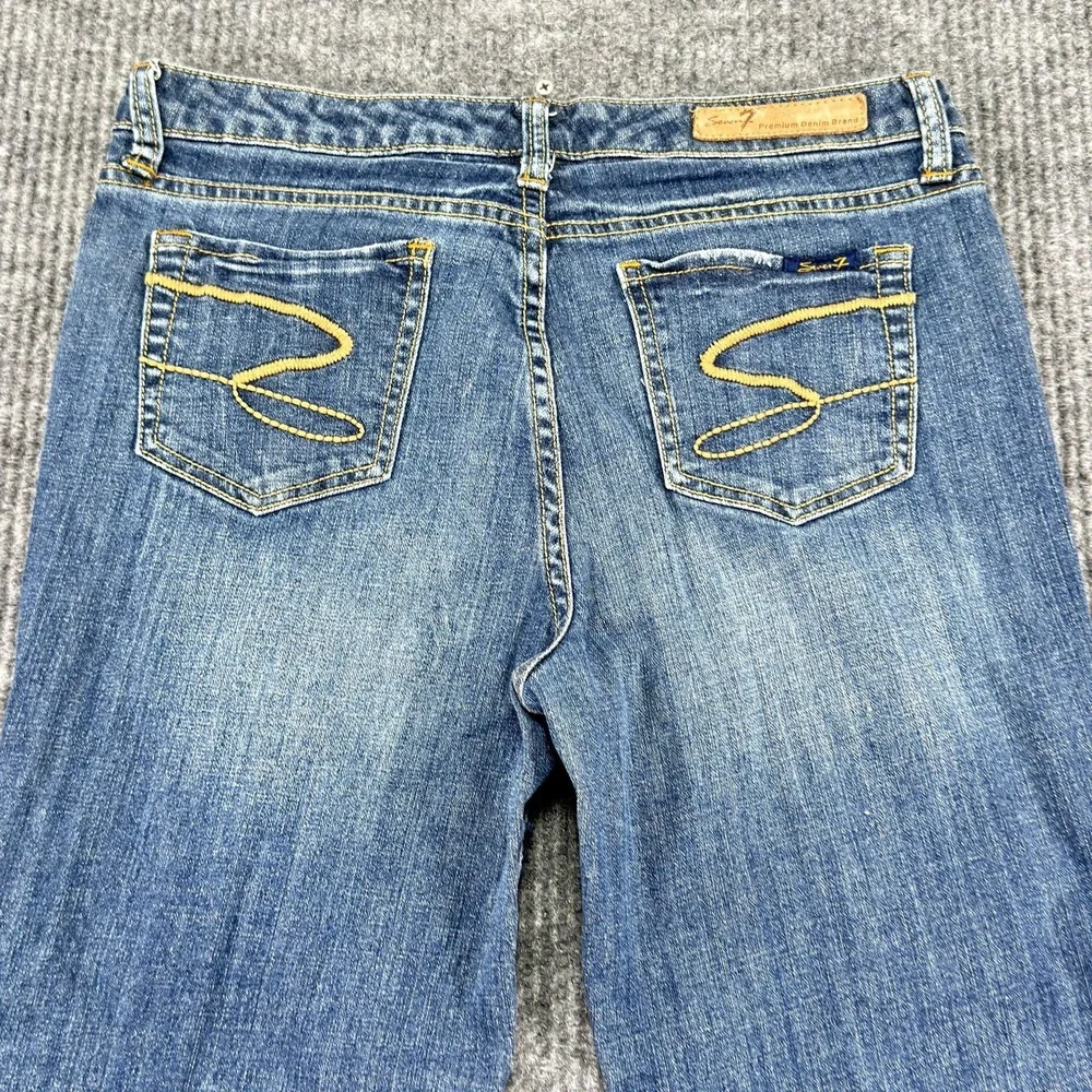 Seven7 Jeans Womens 10 Blue Medium Wash Flare Stretch Denim Mid Rise Embroidered